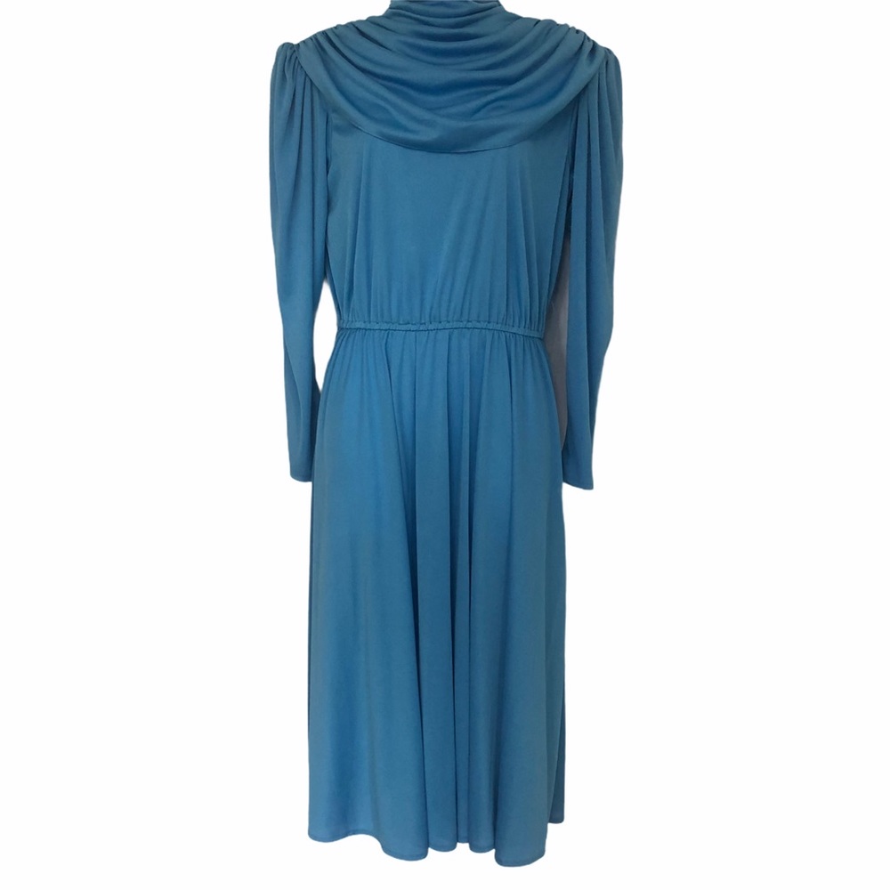 Vintage 70s Blue High Neck Draped Dress - Picture 9 of 9